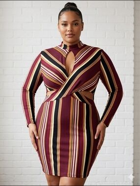 Privy Womens Plus Striped Burgundy Cutout Bodycon Long Sleeve Dress Y2K Clubwear